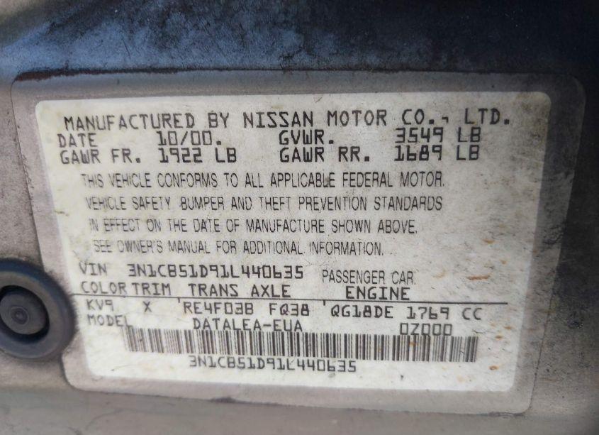 Photo 9 of 2001 Nissan Sentra GXE (VIN 3N1CB51D91L440635)