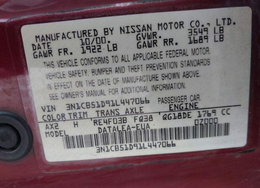 Photo 9 of 2001 Nissan Sentra GXE (VIN 3N1CB51D91L447066)