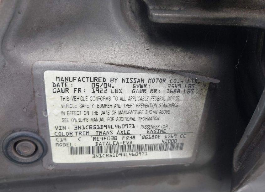 Photo 9 of 2004 Nissan Sentra 1.8S (VIN 3N1CB51D94L460971)