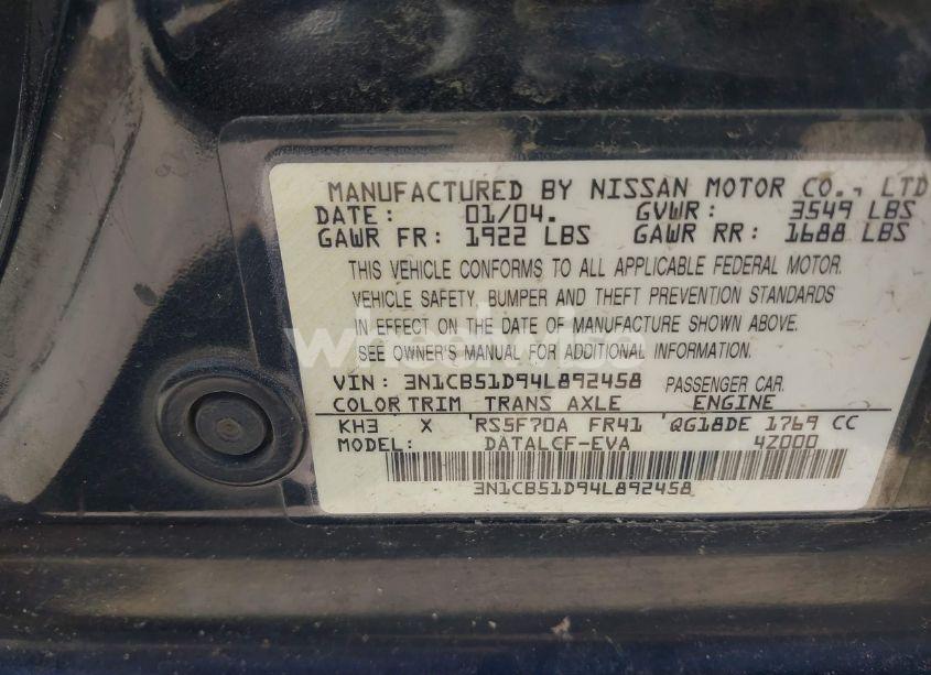 Photo 9 of 2004 Nissan Sentra 1.8 (VIN 3N1CB51D94L892458)