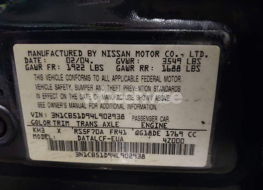 Photo 9 of 2004 Nissan Sentra 1.8 (VIN 3N1CB51D94L902938)