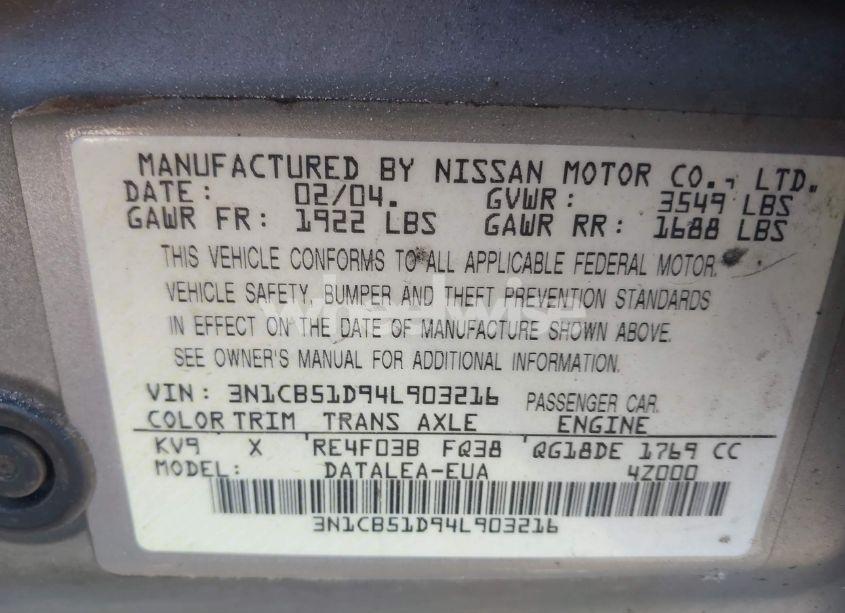Photo 9 of 2004 Nissan Sentra 1.8S (VIN 3N1CB51D94L903216)