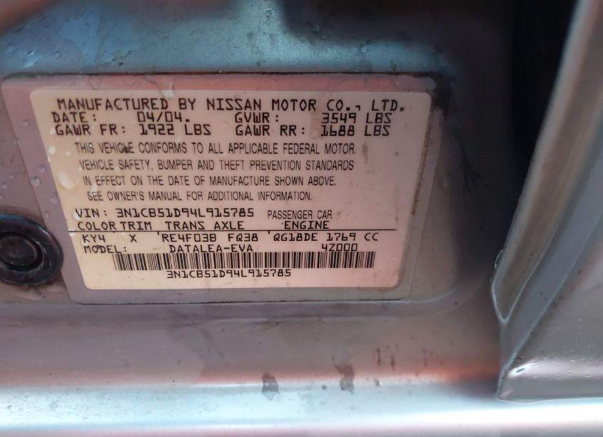 Photo 9 of 2004 Nissan Sentra 1.8S (VIN 3N1CB51D94L915785)
