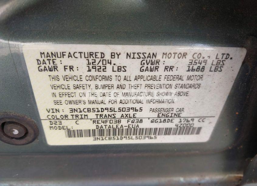 Photo 9 of 2005 Nissan Sentra 1.8S (VIN 3N1CB51D95L503965)