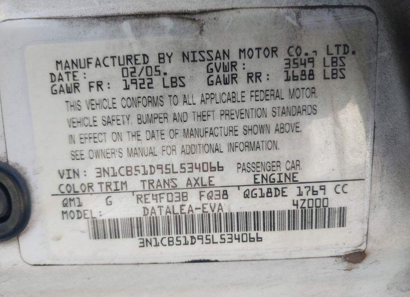 Photo 9 of 2005 Nissan Sentra 1.8S (VIN 3N1CB51D95L534066)