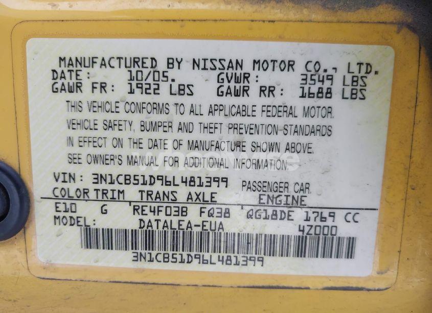 Photo 9 of 2006 Nissan Sentra 1.8S (VIN 3N1CB51D96L481399)