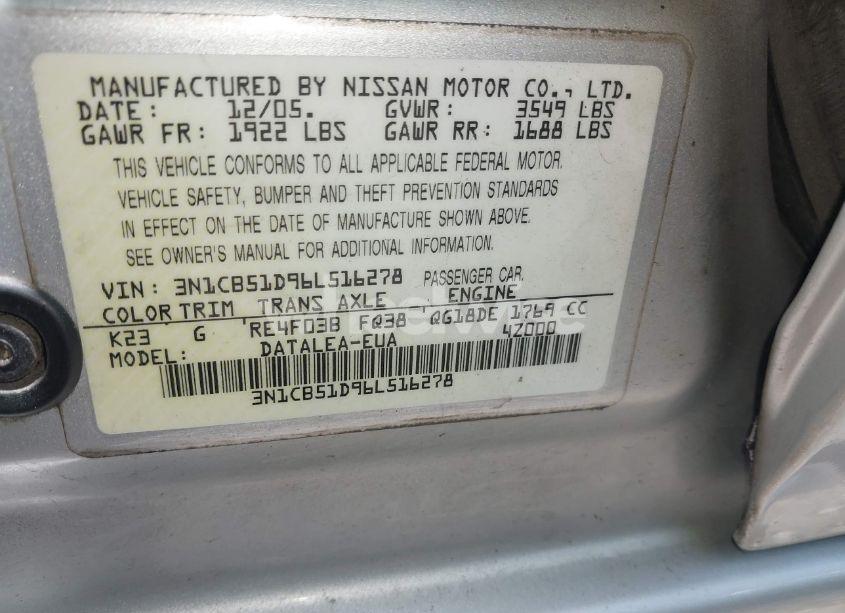 Photo 9 of 2006 Nissan Sentra 1.8S (VIN 3N1CB51D96L516278)