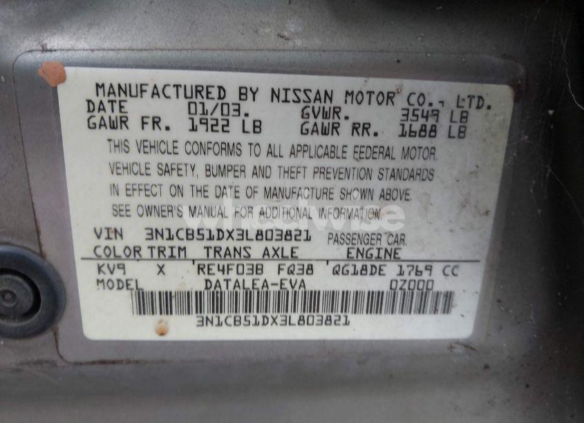 Photo 9 of 2003 Nissan Sentra XE (VIN 3N1CB51DX3L803821)