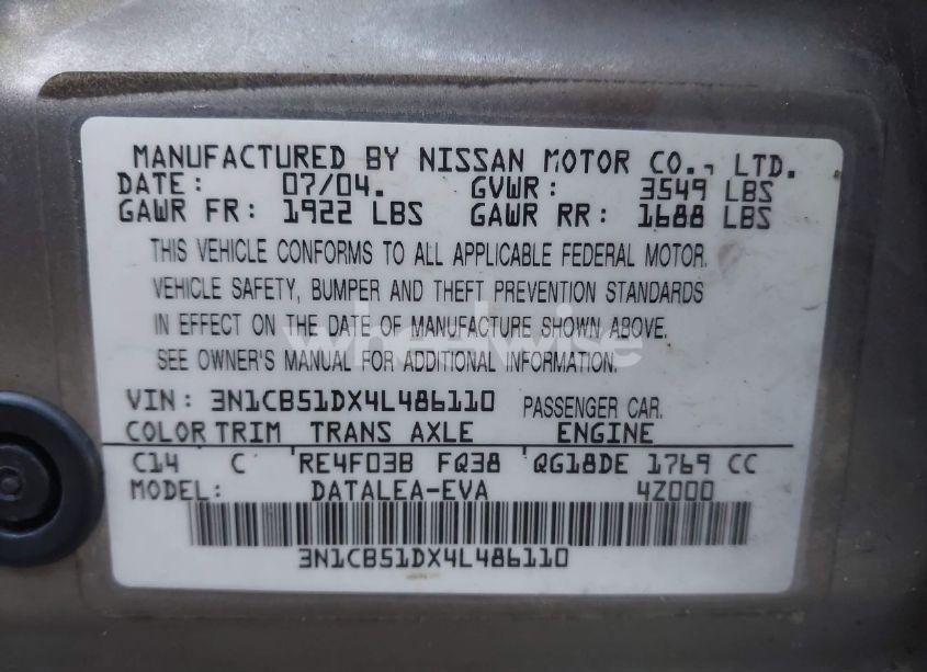 Photo 9 of 2004 Nissan Sentra 1.8S (VIN 3N1CB51DX4L486110)
