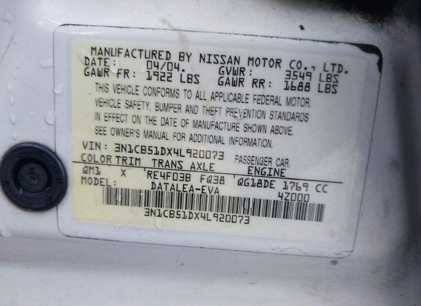 Photo 9 of 2004 Nissan Sentra 1.8S (VIN 3N1CB51DX4L920073)