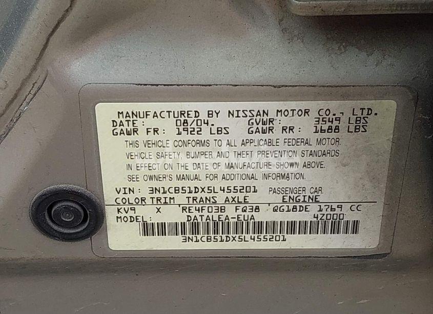 Photo 9 of 2005 Nissan Sentra 1.8S (VIN 3N1CB51DX5L455201)