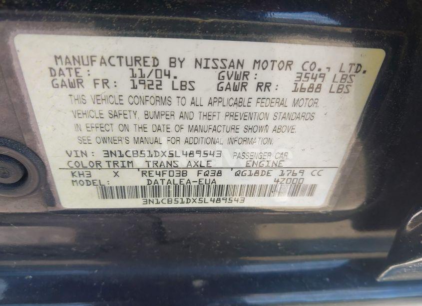 Photo 9 of 2005 Nissan Sentra 1.8S (VIN 3N1CB51DX5L489543)