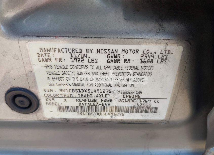 Photo 9 of 2005 Nissan Sentra 1.8S (VIN 3N1CB51DX5L491275)