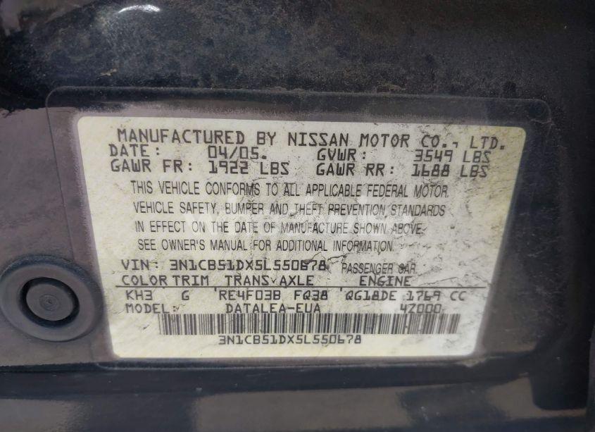 Photo 9 of 2005 Nissan Sentra 1.8S (VIN 3N1CB51DX5L550678)