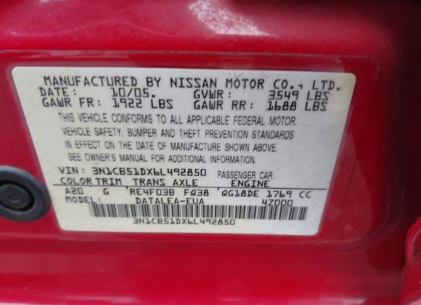 Photo 9 of 2006 Nissan Sentra 1.8S (VIN 3N1CB51DX6L492850)