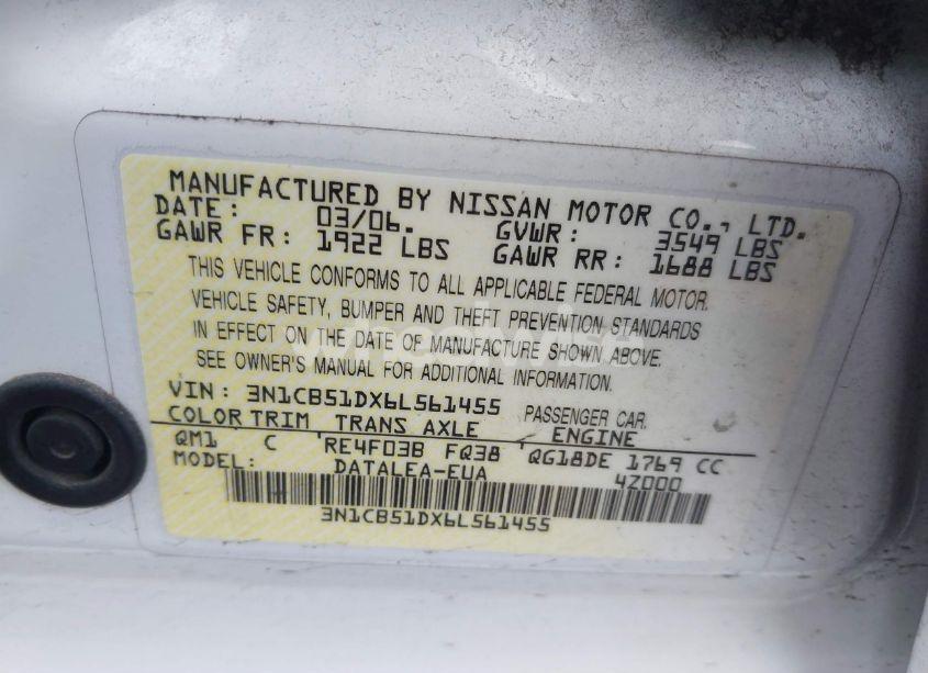 Photo 9 of 2006 Nissan Sentra 1.8S (VIN 3N1CB51DX6L561455)