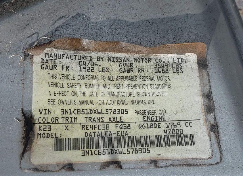 Photo 9 of 2006 Nissan Sentra 1.8S (VIN 3N1CB51DX6L578305)