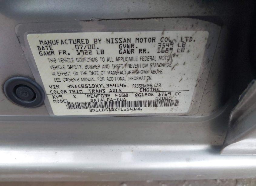 Photo 9 of 2000 Nissan Sentra GXE/XE (VIN 3N1CB51DXYL354146)
