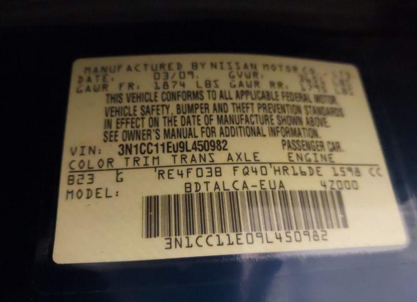 Photo 9 of 2009 Nissan Versa 1.6 (VIN 3N1CC11E09L450982)