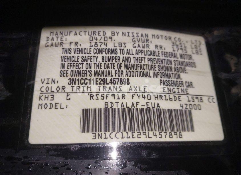 Photo 9 of 2009 Nissan Versa 1.6 BASE (VIN 3N1CC11E29L457898)