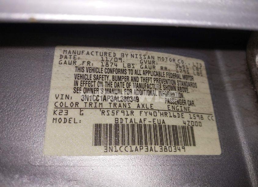 Photo 9 of 2010 Nissan Versa 1.6 BASE (VIN 3N1CC1AP3AL380349)