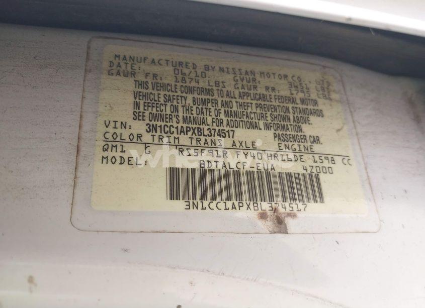 Photo 9 of 2011 Nissan Versa 1.6 (VIN 3N1CC1APXBL374517)