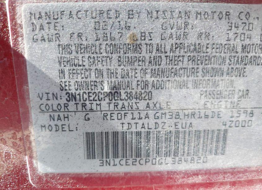 Photo 9 of 2016 Nissan Versa NOTE S (SR)/S PLUS/SL/SR/SV (VIN 3N1CE2CP0GL384820)