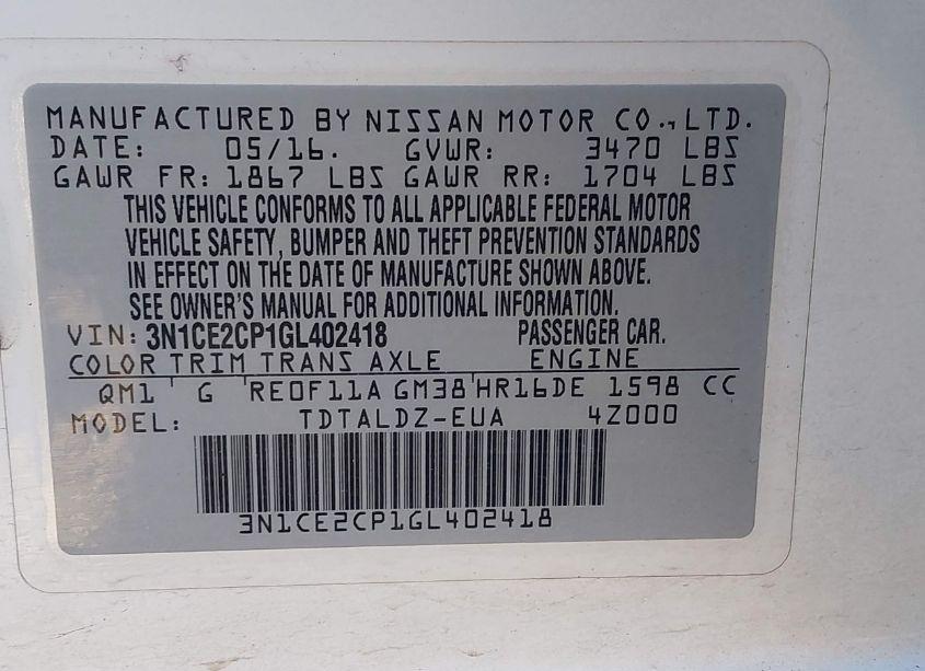 Photo 9 of 2016 Nissan Versa NOTE S (SR)/S PLUS/SL/SR/SV (VIN 3N1CE2CP1GL402418)