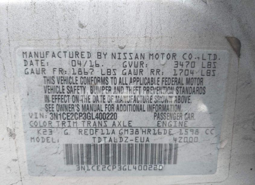 Photo 9 of 2016 Nissan Versa NOTE S (SR)/S PLUS/SL/SR/SV (VIN 3N1CE2CP3GL400220)