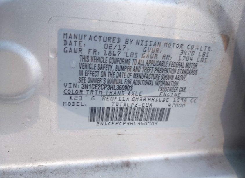 Photo 9 of 2017 Nissan Versa NOTE SV (VIN 3N1CE2CP3HL360903)