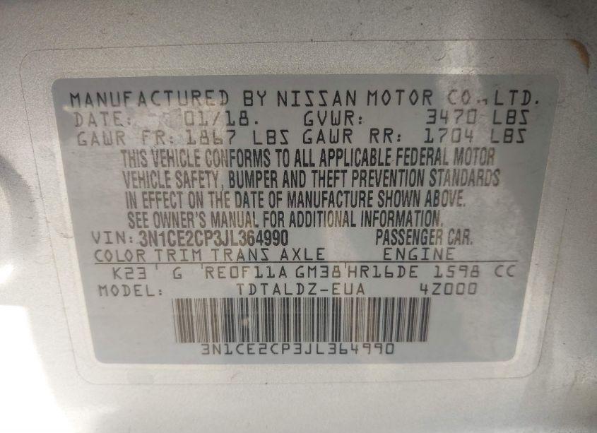 Photo 9 of 2018 Nissan Versa NOTE SV (VIN 3N1CE2CP3JL364990)