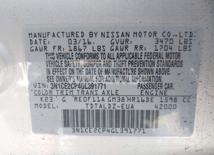 Photo 9 of 2016 Nissan Versa NOTE S (SR)/S PLUS/SL/SR/SV (VIN 3N1CE2CP4GL391771)