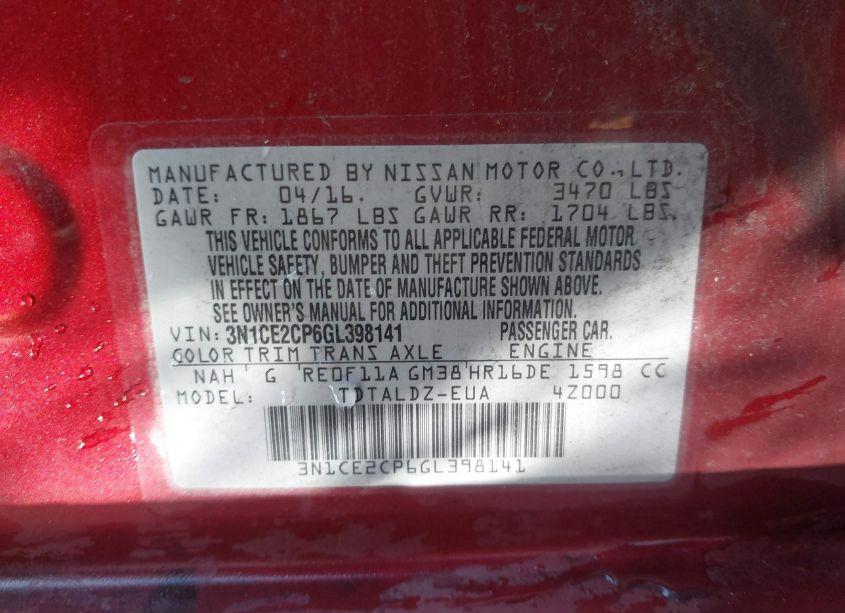 Photo 9 of 2016 Nissan Versa NOTE S (SR)/S PLUS/SL/SR/SV (VIN 3N1CE2CP6GL398141)