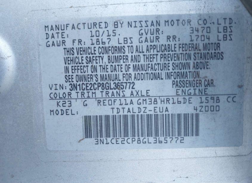 Photo 9 of 2016 Nissan Versa NOTE S (SR)/S PLUS/SL/SR/SV (VIN 3N1CE2CP8GL365772)