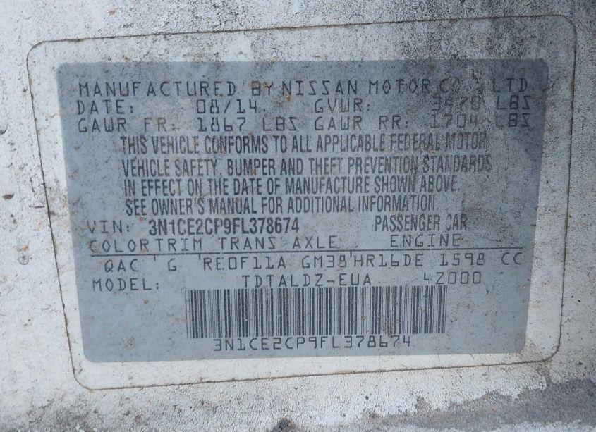 Photo 9 of 2015 Nissan Versa NOTE S (SR)/S PLUS/SL/SR/SV (VIN 3N1CE2CP9FL378674)