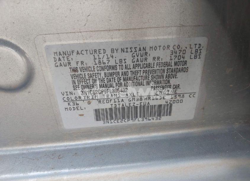 Photo 9 of 2015 Nissan Versa NOTE SL (VIN 3N1CE2CP9FL396432)