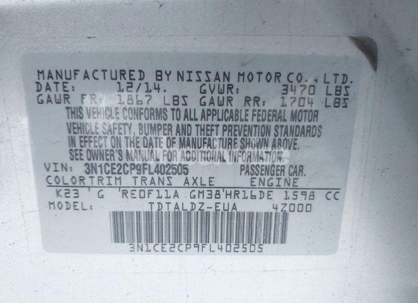 Photo 9 of 2015 Nissan Versa NOTE S (SR)/S PLUS/SL/SR/SV (VIN 3N1CE2CP9FL402505)