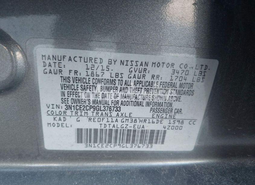 Photo 9 of 2016 Nissan Versa NOTE S (SR)/S PLUS/SL/SR/SV (VIN 3N1CE2CP9GL376733)