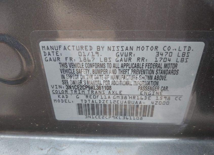 Photo 9 of 2019 Nissan Versa NOTE SV (VIN 3N1CE2CP9KL361108)