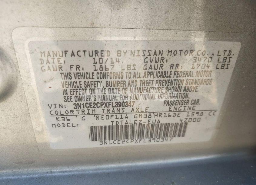 Photo 9 of 2015 Nissan Versa NOTE SL (VIN 3N1CE2CPXFL390347)