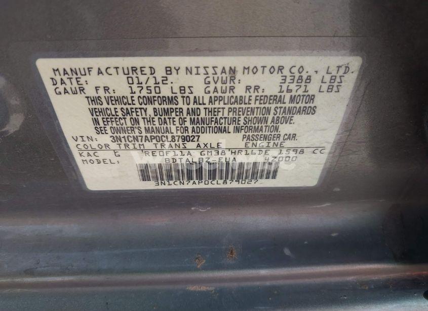 Photo 9 of 2012 Nissan Versa 1.6 SV (VIN 3N1CN7AP0CL879027)