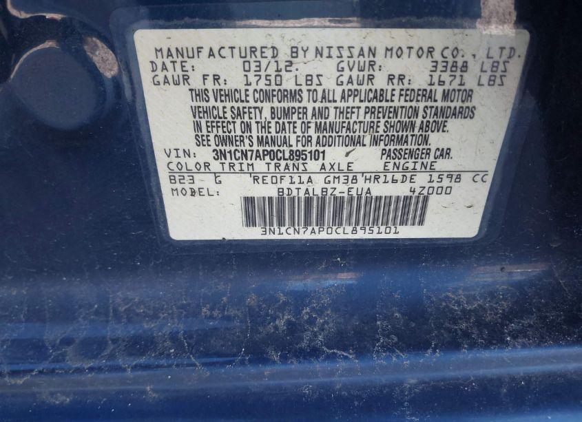 Photo 9 of 2012 Nissan Versa 1.6 SV (VIN 3N1CN7AP0CL895101)