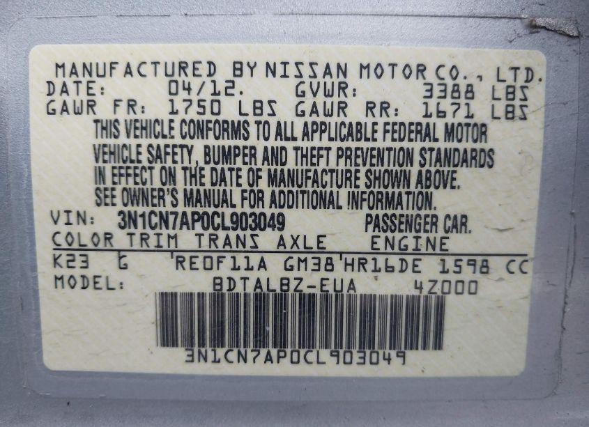 Photo 9 of 2012 Nissan Versa 1.6 SV (VIN 3N1CN7AP0CL903049)