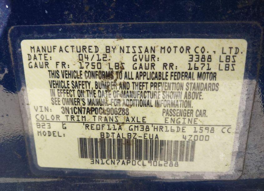 Photo 9 of 2012 Nissan Versa 1.6 SV (VIN 3N1CN7AP0CL906288)