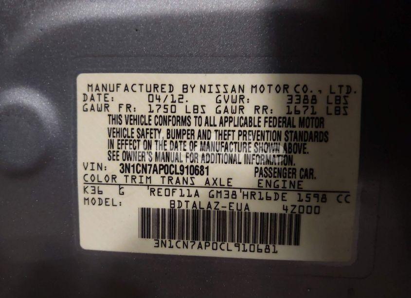 Photo 9 of 2012 Nissan Versa 1.6 S (VIN 3N1CN7AP0CL910681)