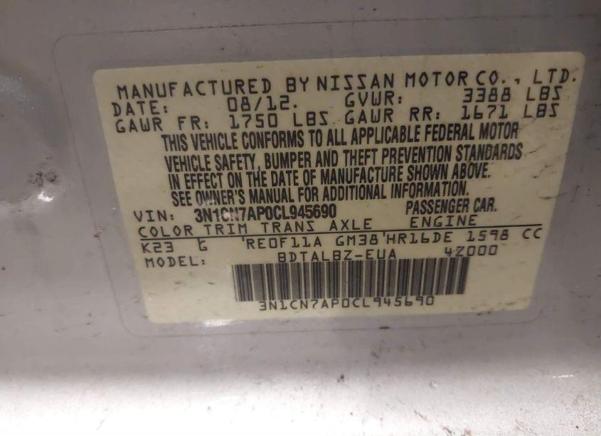 Photo 9 of 2012 Nissan Versa 1.6 SV (VIN 3N1CN7AP0CL945690)