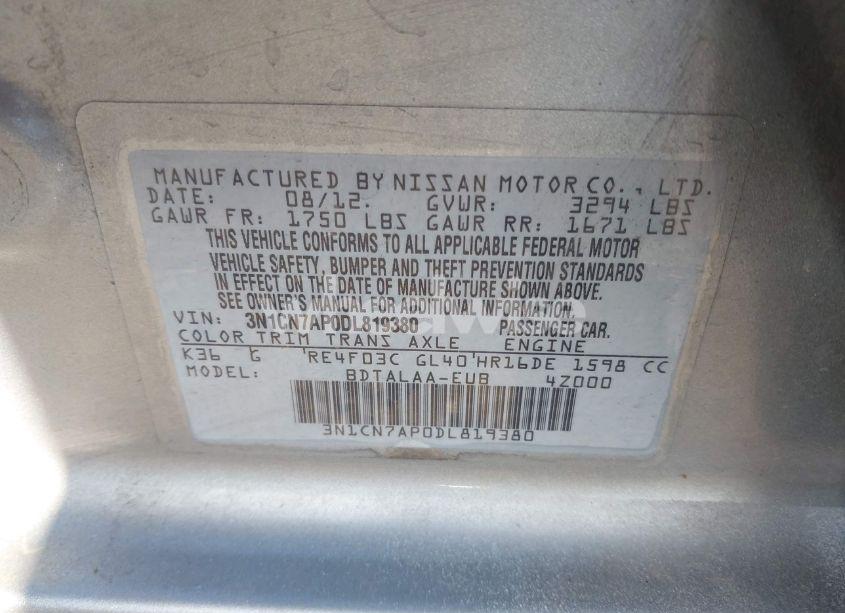 Photo 9 of 2013 Nissan Versa 1.6 S (VIN 3N1CN7AP0DL819380)