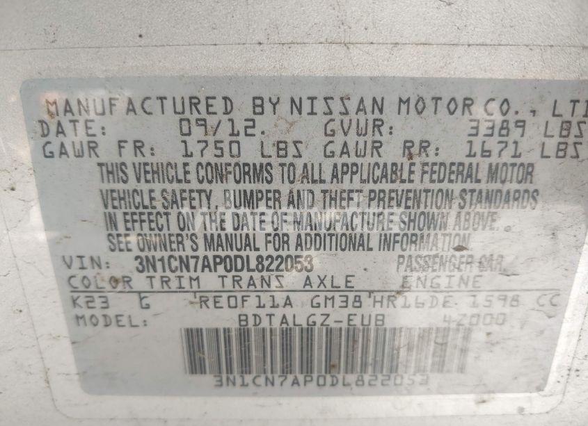 Photo 9 of 2013 Nissan Versa 1.6 SL (VIN 3N1CN7AP0DL822053)