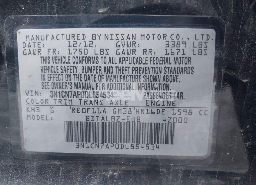 Photo 9 of 2013 Nissan Versa 1.6 SV (VIN 3N1CN7AP0DL854534)