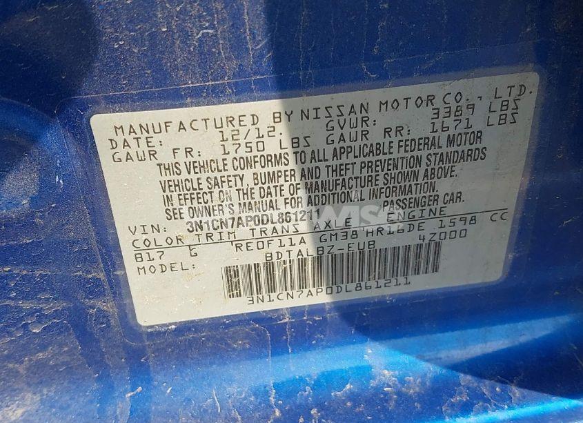 Photo 9 of 2013 Nissan Versa 1.6 SV (VIN 3N1CN7AP0DL861211)